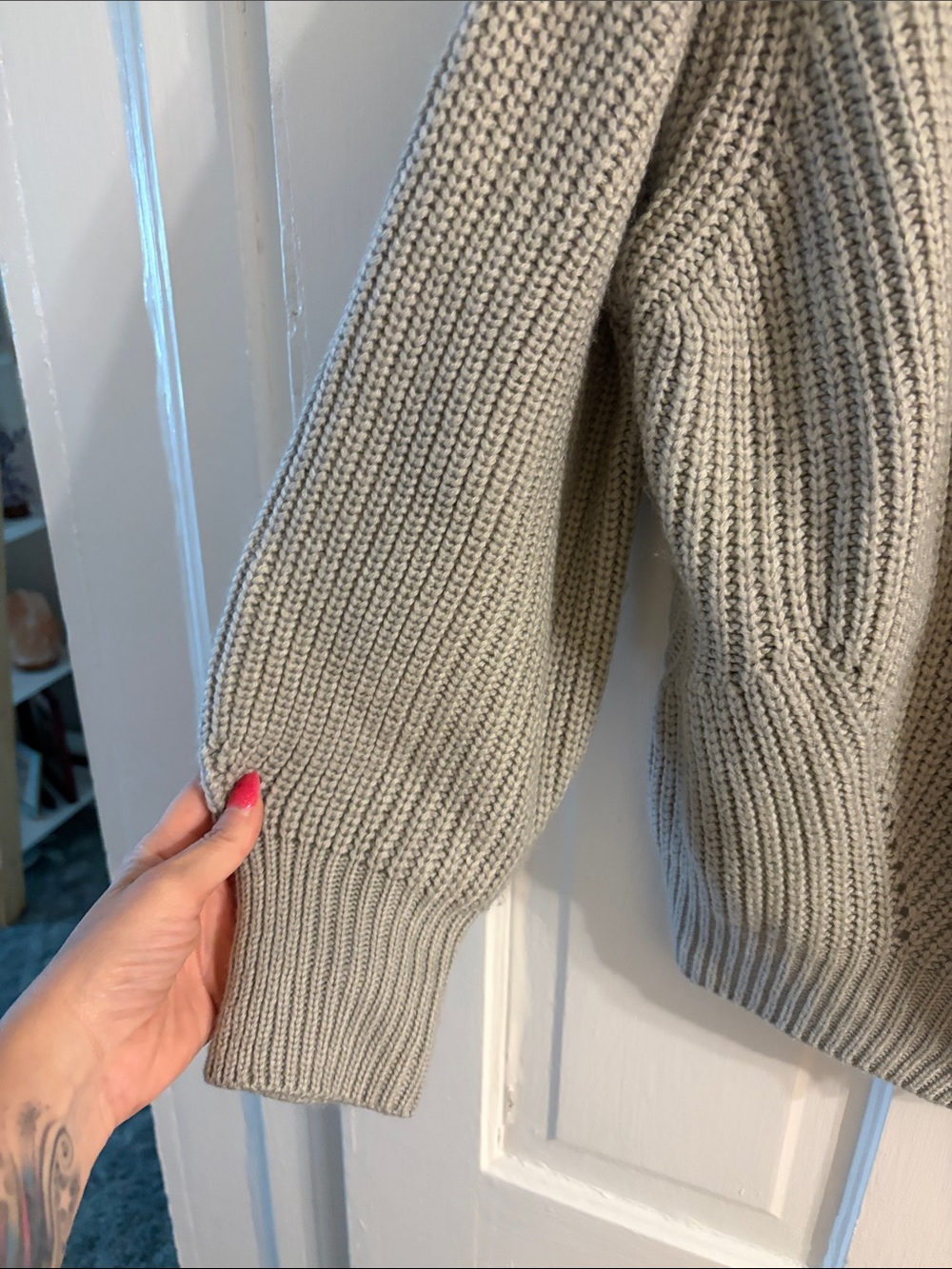 Classic V‑Neck Ribbed Cardigan Sweater - Light Gray - Picture 3 of 5